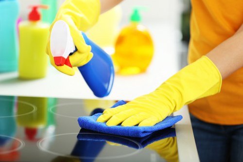 Detailed post-construction cleaning of kitchen surfaces in Bow